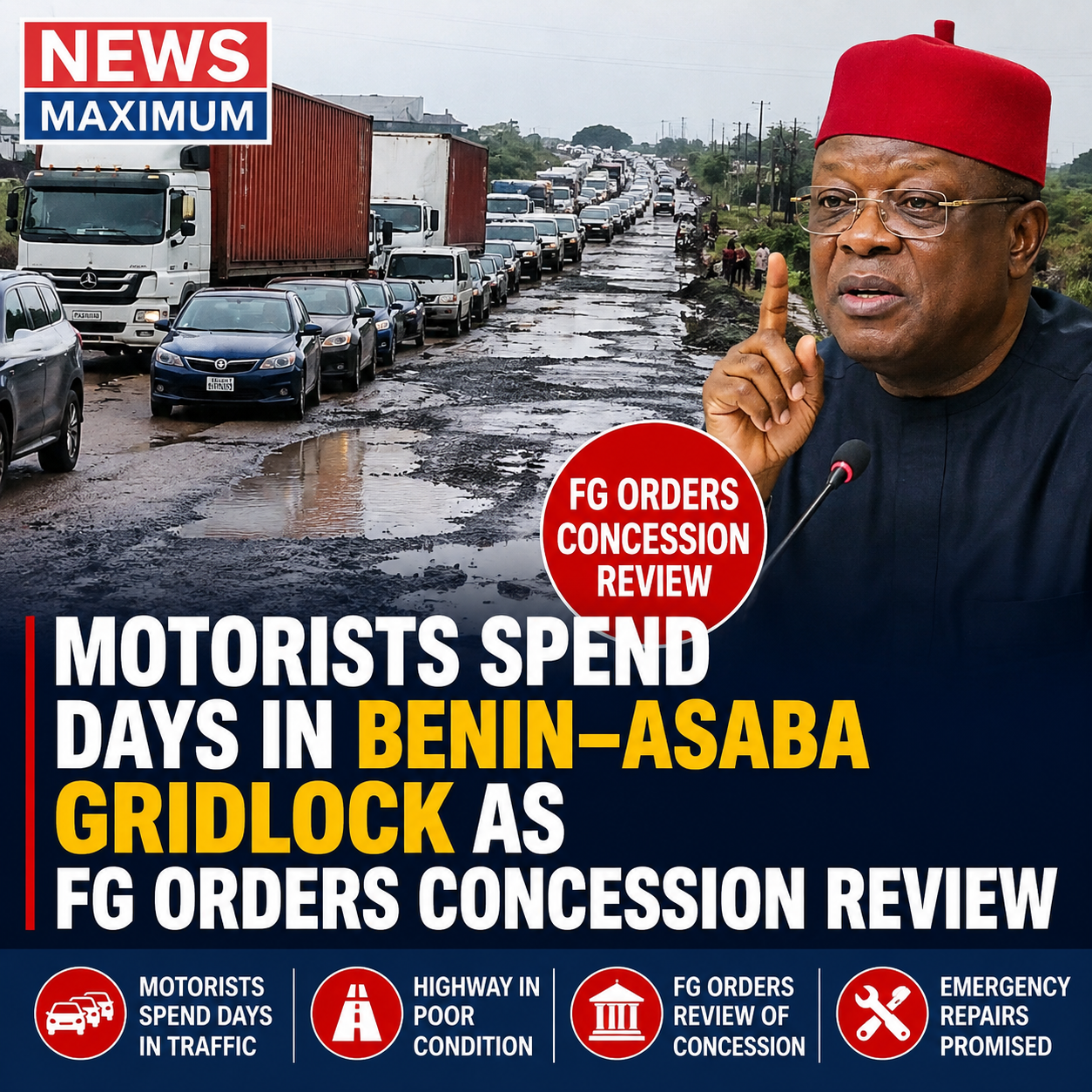 Motorists spend days in Benin-Asaba gridlock as FG orders concession review