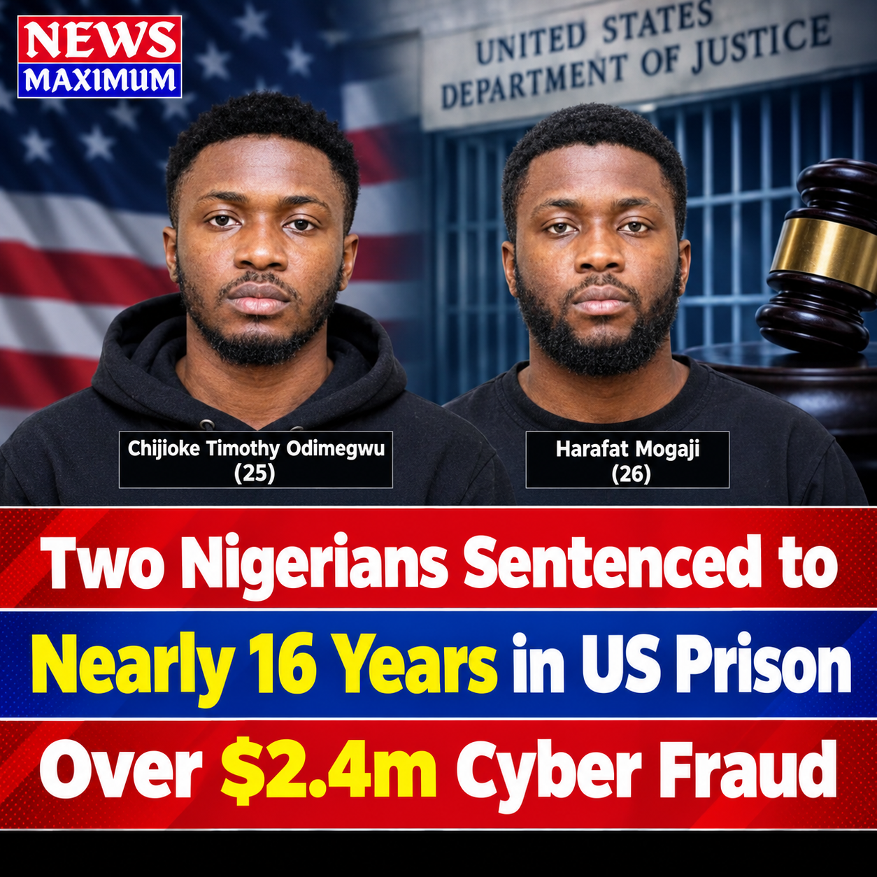 Two Nigerians sentenced to nearly 16 years in prison over $2.4m Cyber Fraud